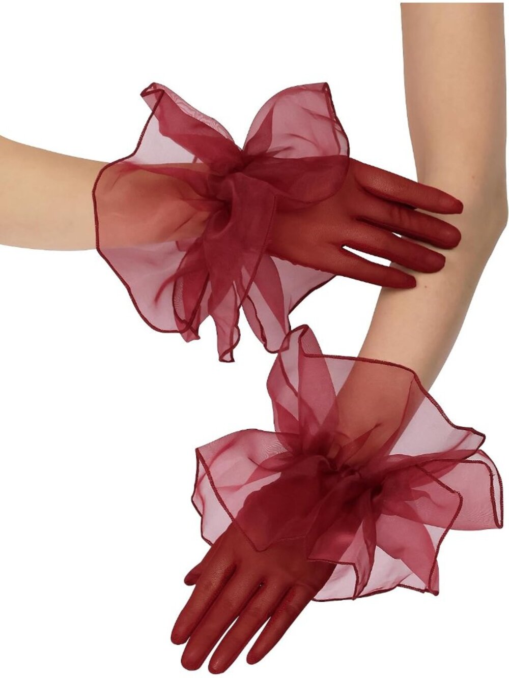 Women's Burgundy 1920s Flapper Stretchy Ruffles Sheer Opera Short Mesh Gloves